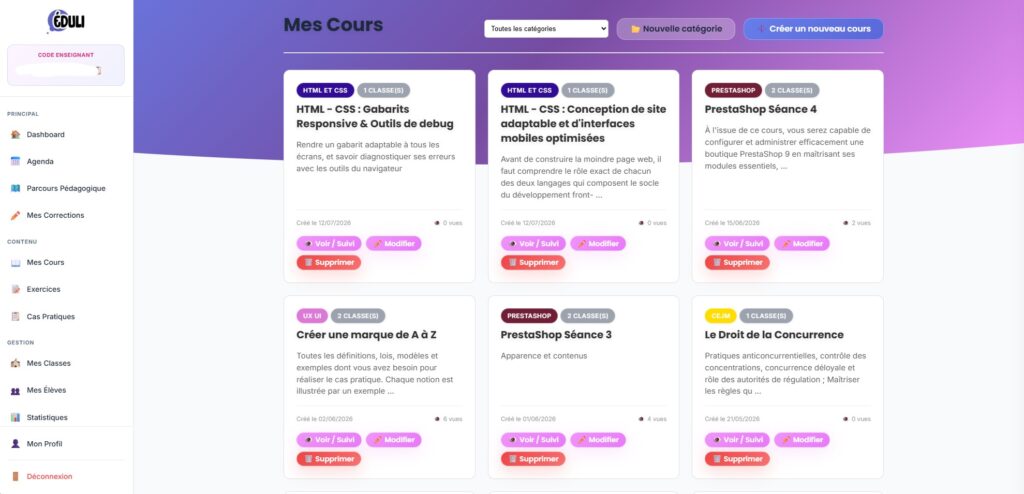 Tableau de bord EDULI avec suivi de progression des élèves et exercices interactifs