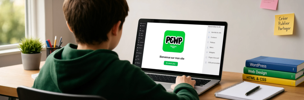 Élève travaillant sur son site WordPress via la plateforme PEWP